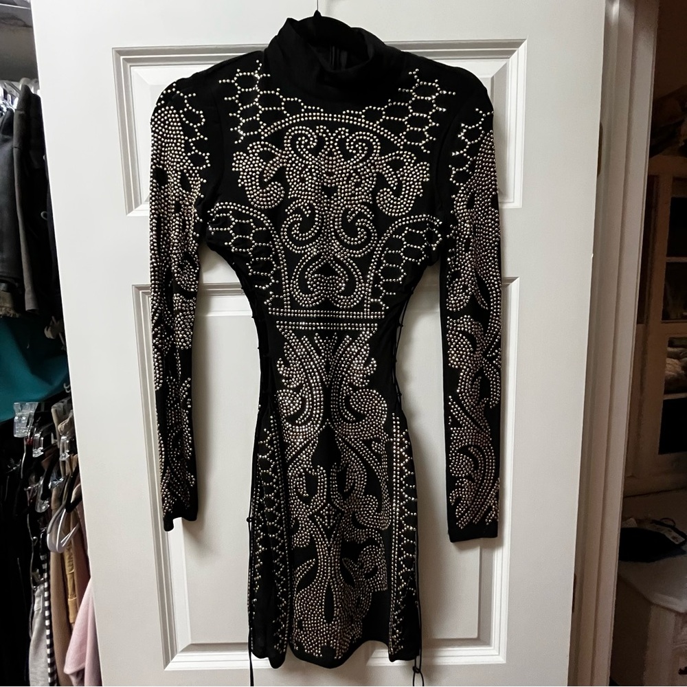 JEWELED LONG SLEEVE DRESS W LACE UP SIDES